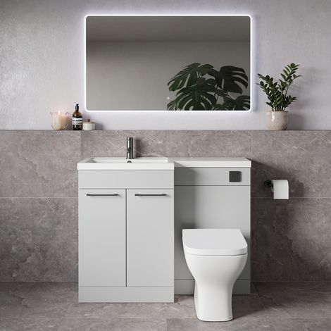 Napoli 390 Gloss Grey Pearl 1100mm 2 Door Vanity Unit Toilet Suite with Square Left Hand Lucia Basin - 1100mm - Gunmetal Grey 160mm HandleWith Kingston Toilet Pan and Seat