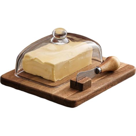 Beurrier en bois d'acacia avec couteau et couvercle en verre - Plat de service pour fromage, beurre, gâteau et dessert - Vaisselle de cuisine élégante - Articles de cuisine - 1 couteau (1/5)