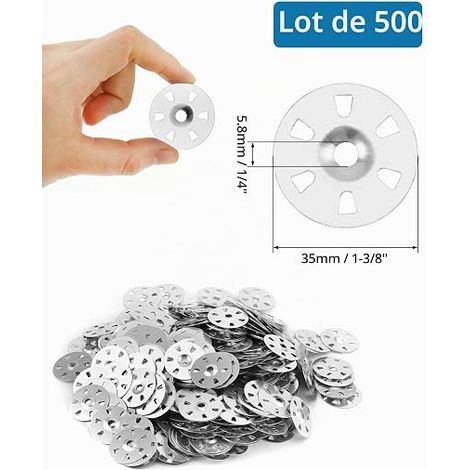 QWORK 500PCS/Pack 35mm Diameter Galvanized Steel Washers with Six Holes, Easy Fix Corrosion Resistant Washers for Insulation Boards, Plasterboard and Tiles (1/4)