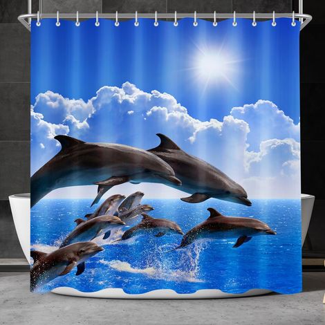 Rideau de douche Lerores Dauphin, 120 x 180 cm, textile anti-moisissure, hydrofuge, lavable en polyester pour la salle de bain avec 8 oeillets et anneaux de rideau de douche pour la baignoire