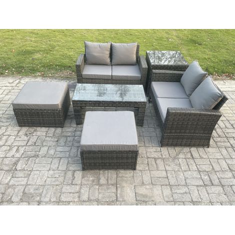 Fimous Dossier haut Ensemble de meubles de jardin en rotins ave Table basse rectangulaire Table d'appoint 2 Grand Tabouret Gris foncé (1/5)