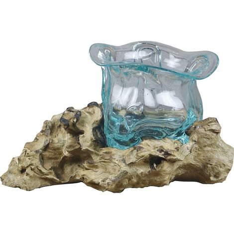 Regalo Italiano Radice Legno Naturale con Vaso H 14 x 10 x 10 Cm Celeste
