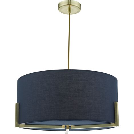 DAR SANTINO - Suspension cylindrique dorée avec abat-jour en coton bleu marine (1/4)