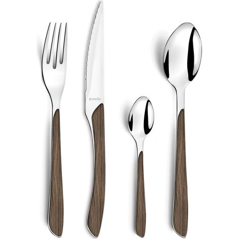 Amefa - Eclat Nature - Set di posate in acciaio inox da 24 pezzi con manico in ABS effetto legno scuro (1/4)