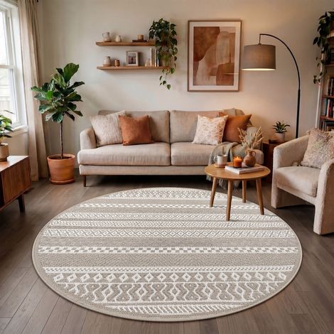Paco Home Outdoor Teppich Flachgewebe modern Boho Ethno wetterfest Außenbereich Beige, 120 cm Rund