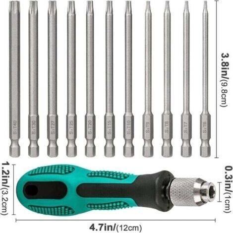 NALOOKAMIC  T6-T40 Tournevis Torx 11 pices 100 mm de long Jeu de bits magntiques Torx avec T30 et poigne, tige hexagonale 1/4 pouce Outils lectriques pour visseuse sans fil T20 T25 Tournevis
