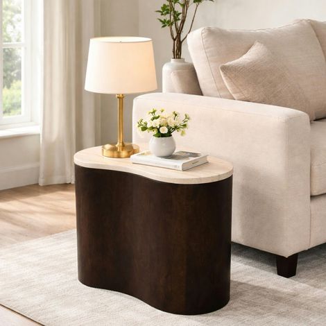 Table basse design organique marbre bois foncé 50 cm DUOMO