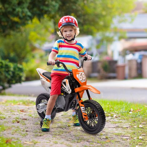 Moto eléctrica para niños, moto infantil de 12 V con música, vehículo infantil con ruedines, de 3 a 6 años, color naranja.