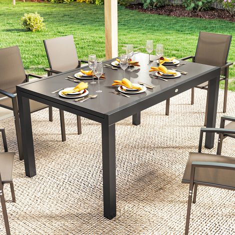Table de Jardin extensible 140/240x90 cm noir, pour 8 à 10 convives, avec plateau en verre trempé et structure en aluminium.
