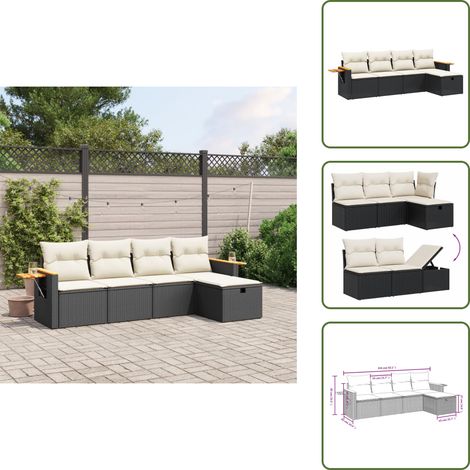 5-tlg. Garten-Sofagarnitur mit Kissen Schwarz Poly Rattan - Gartengestell - Gartenmöbelset - Gartenlounge - Rattanmöbel - Balkonmöbel
