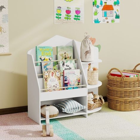 Kinderregal mit 7 Fächern für Bücher und Spielzeug, abgerundete Kanten, FSC-Holz, weiß OKMYHOME (1/5)
