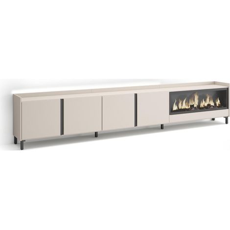 Skraut Home - Meuble TV, Banc Télé, Grand espace de Rangement, 315x35x61cm, Pour les TV jusqu'à 80", Cheminée électrique XXL, Design industriel, LED, Style moderne, Beige (1/5)