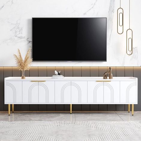 Meuble TV 170 cm, Meuble TV avec rangement porte texturée, poignées dorées, pieds dorés (1/5)