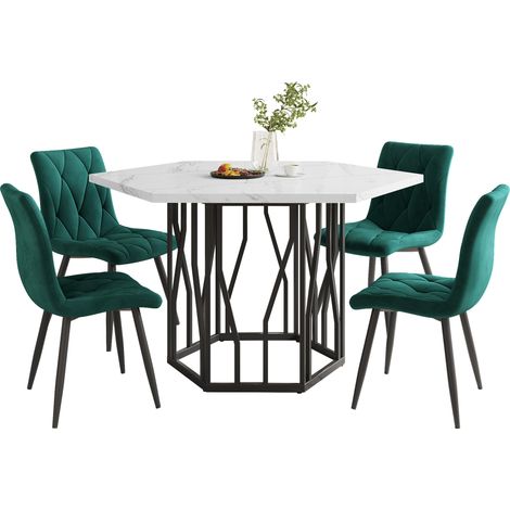 MEUBLIV Ensemble table et chaises 5 pièces hexagonal finition marbre blanc et vert (1/5)