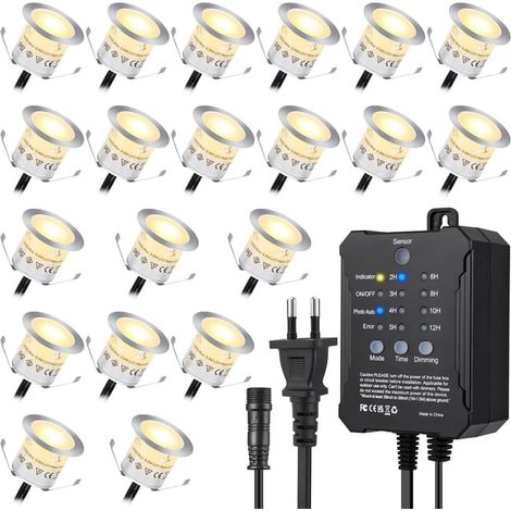 Lot de 20 Spots LED Extérieurs Encastrables avec Minuterie et Détecteur Crépusculaire, Étanche IP67 pour Terrasse en Bois, Piscine, Jardin et Deck (1/5)