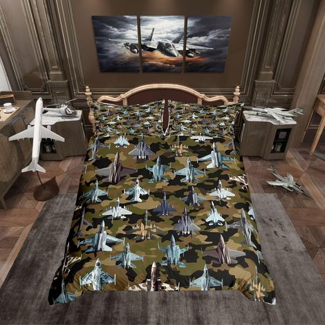 Housse de Couette 200x200 cm Motif Avion de Chasse - 200x200cm + 2 Taies Oreiller 65x65cm (1/5)