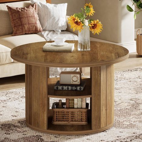 Tribesigns Table Basse Ronde à 2 Niveaux, Table de Salon Circulaire de 80 cm, Petite Table Basse Bois Style Industriel pour Salon, Brun Rustique