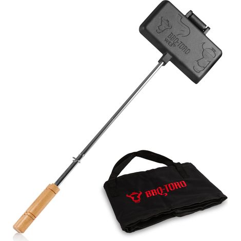 Bbq-Toro – Fer à sandwich en fonte pré-cuit – Long manche 55,5 cm – Sac de transport inclus – Surface nervurée pour grillades et gaufres