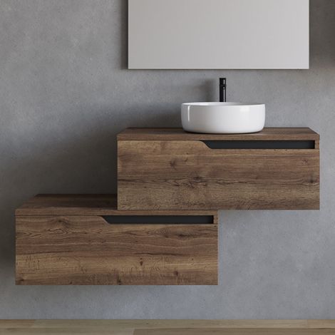 Meuble de salle de bain 120cm avec vasque à poser ronde - sans miroir - 2 tiroirs - tabaco (bois foncé) - CADIX (1/5)