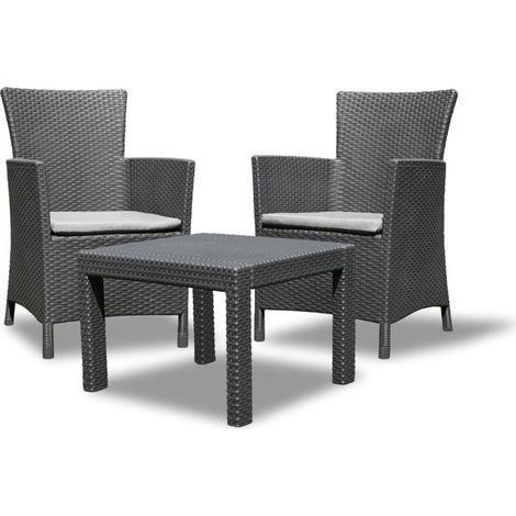 Salon de jardin 2 fauteuils et table, aspect rotin, graphite (1/4)