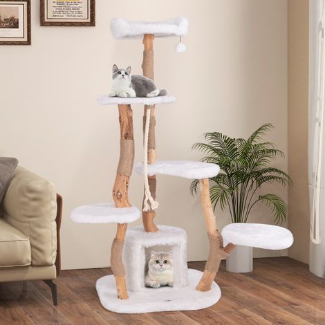 Arbre à Chat Moderne en Bois Massif 168cm Perchoirs Condo Griffoirs en Jute Corde en Sisal Peluche Longue et Douce Balle Suspendue (1/2)