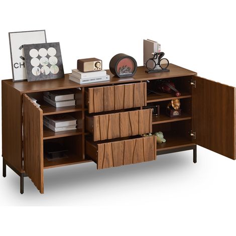 Sideboard mit 3 Schubladen und 2 Verstellbaren Einlegeboden, Lamellenoptik, fur Wohnzimmer oder Flur, 150×40×80 cm (1/5)