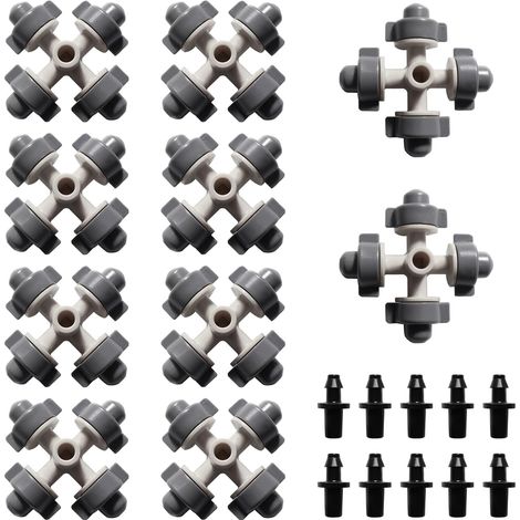 10 boquillas atomizadoras de 4 vías, boquillas atomizadoras cruzadas de plástico, boquillas microatomizadoras para invernaderos y jardinería con conector de púas, para jardín y césped, color gris oscu (1/5)