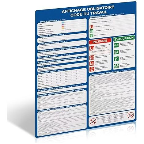 Panneau Code Du Travail, Affichage Obligatoire, 400 x 300 mm  PVC Rigide 1 mm, Dos Auto-Adhésif, Surface Effaçable, Résistant Aux UV, Bureaux, Ateliers (1/5)