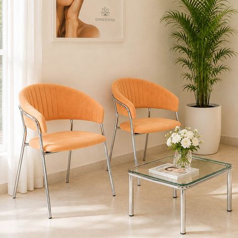 Lot de 2 chaises de salle à manger Aurelia en velours orange avec pieds en fer chromé (1/5)