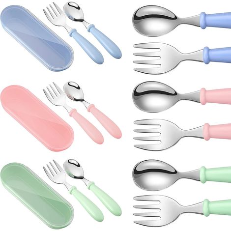 Este juego de vajilla infantil de 6 piezas incluye un tenedor y una cuchara, tiene mangos de plástico, está hecho de acero inoxidable y es apto para lavavajillas. (1/4)