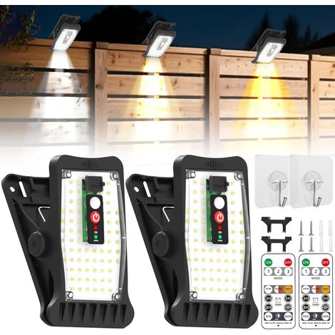 2 lampes solaires pour extérieur, 2 pièces de lampes solaires avec clip avec détecteur de mouvement, 70 LED, 3 températures de couleur, USB et télécommande, lampe solaire étanche pour clôture