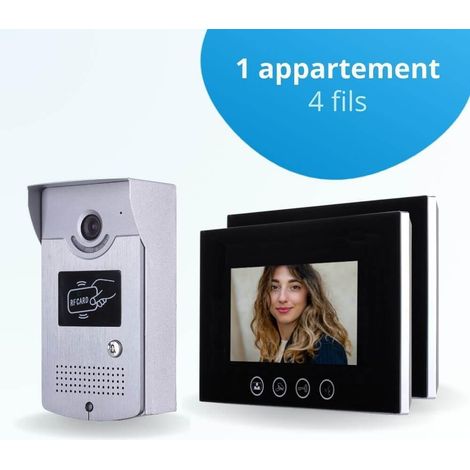 Portier interphone vidéo CARDS 4 Fils - 2 écrans noirs 7" - avec mémoire photos - avec lecteur de badge