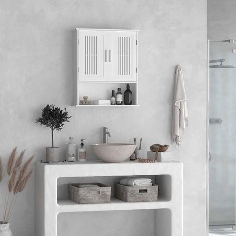 Armoire murale. meuble salle de bain avec étagère réglable. double porte et étagère ouverte. 60 x 20 x 70 cm. blanc