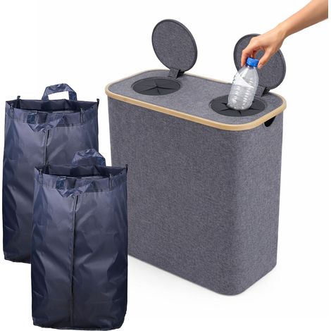 Relaxdays Pfandflaschen Sammelbehälter, 140 L, bis 60 Flaschen, 2 Innenbeutel, Flaschensammler für Glas & Plastik, grau