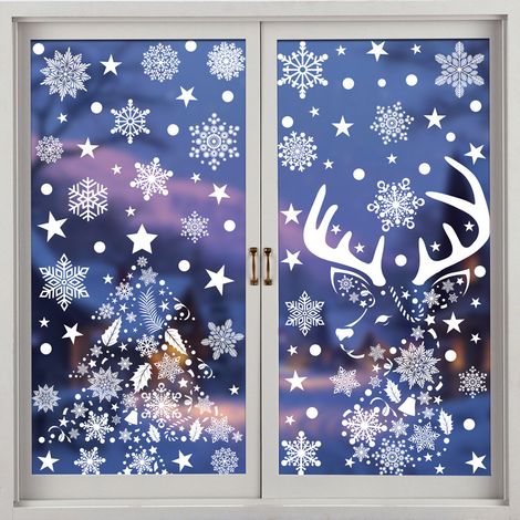 Autocollants de Noël, flocons de neige blancs, cadeaux, sapin du Père Noël, autocollants pour fenêtres, bonhomme de neige, chaussettes de Noël, rennes, décorations de fenêtres, autocollants statiques.