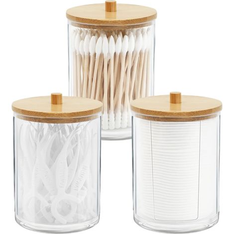 Lot de 3 Bocaux Acrylique Couvercle Bambou Rangement Cotons-tiges Salle De Bain