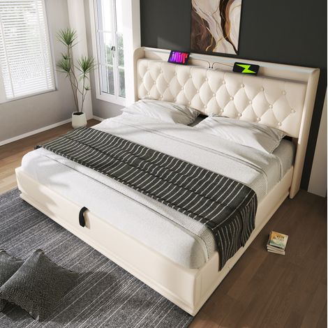 Letto matrimoniale 140x200 cm bianco in PU con LED 360°, contenitore idraulico e materasso (1/5)
