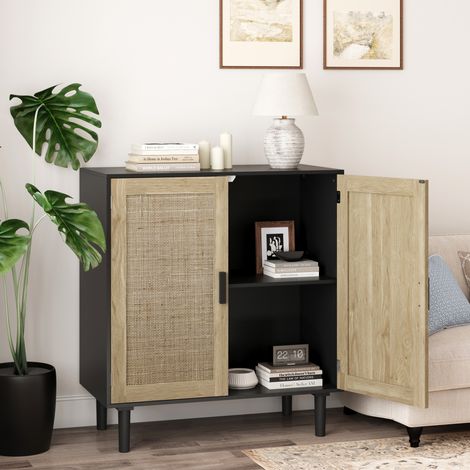 Credenza contenitore 80x40x88 cm con 2 ante e ripiani a giorno, in rattan, con maniglie in legno, colore naturale/nero (1/5)