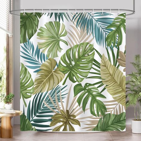 Rideau de Douche Feuilles Tropical, Rideau de Baignoire Palmiers Verts Jungle Monstera Plante 180 x 180 cm Polyester Imperméable Résistant à la Moisissure 12 Crochets (1/5)