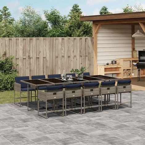 Ensemble repas de jardin 11 pièces en résine tressée gris avec coussins bleu marine, 116kg - PANGIVO (1/5)