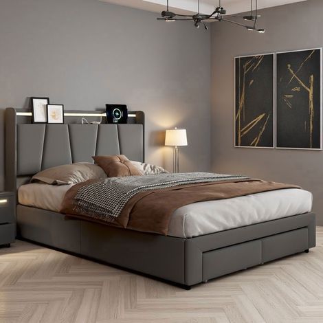 Bett 140x190 cm, Erwachsenenbett mit LED und USB, Bett 140x190 cm, 2 Schubladen, Stauraum, Bett für 2 Personen, Leinenstoff, Grau