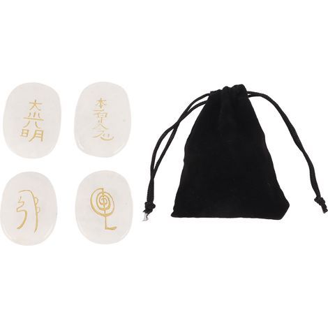 4 Pièces Pierres Runes Naturelles Gravées Symboles Reiki, Galets Plats Ovales pour Méditation avec Pouch en Cristal Blanc (1/5)