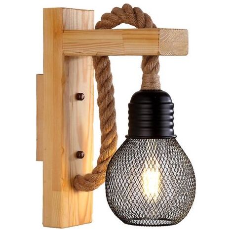 Applique murale industrielle à LED en corde de chanvre/lampe en bois, culot E27 noir (1/5)