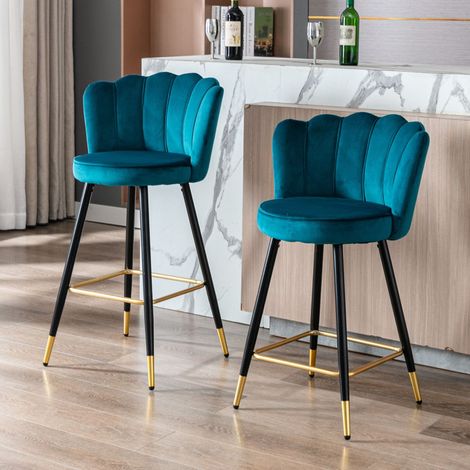 Wahson Lot de 2 tabourets de bar en velours bleu sarcelle – Hauteur d'assise 66 cm – Pieds en métal noir – Design moderne et élégant (1/5)