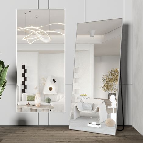 Cassilando – Miroir sur pied 165x60cm – Cadre aluminium mince argent – Miroir pleine longueur pour chambre, salon, salle de bain – Verre incassable