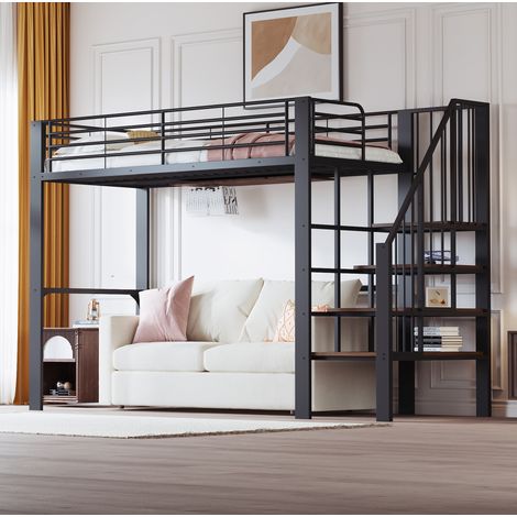 Letto a soppalco 90 x 200 cm in metallo con vano portaoggetti e scala, nero e bianco HAVRYA (1/5)