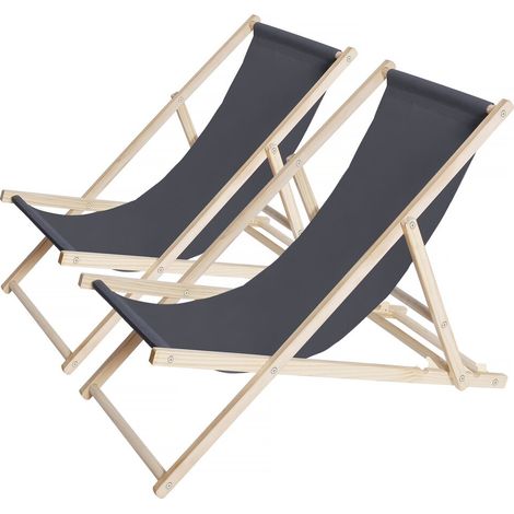 Habitat Et Jardin – Lot de 2 transats en bois chilienne pliables – Dimensions 107 x 56.5 x 81 cm – Tissu Oxford 420D – Couleur gris – Poids max 160 kg