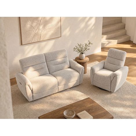 Divano 3 posti e poltrona relax elettrica in tessuto testurizzato grigio chiaro BREVIO (1/5)