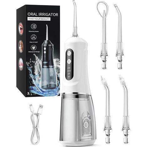 hydropulseur sans fil avec grand réservoir de 380 ml, vainqueur du test 2026, trois niveaux de nettoyage, quatre buses de rechange, IPX7, étanche pour le nettoyage quotidien des (1/5)