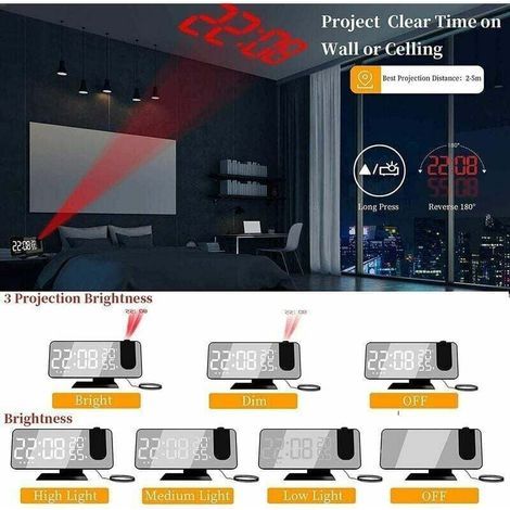 Reloj despertador con luz y proyección LED – Indicador de temperatura y humedad – Alimentación eléctrica con batería de respaldo – Puerto USB (1/4)